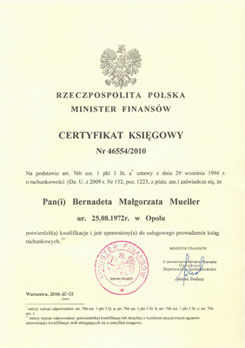 Certyfikat Ministerwa Finansów - kliknij by powiększyć